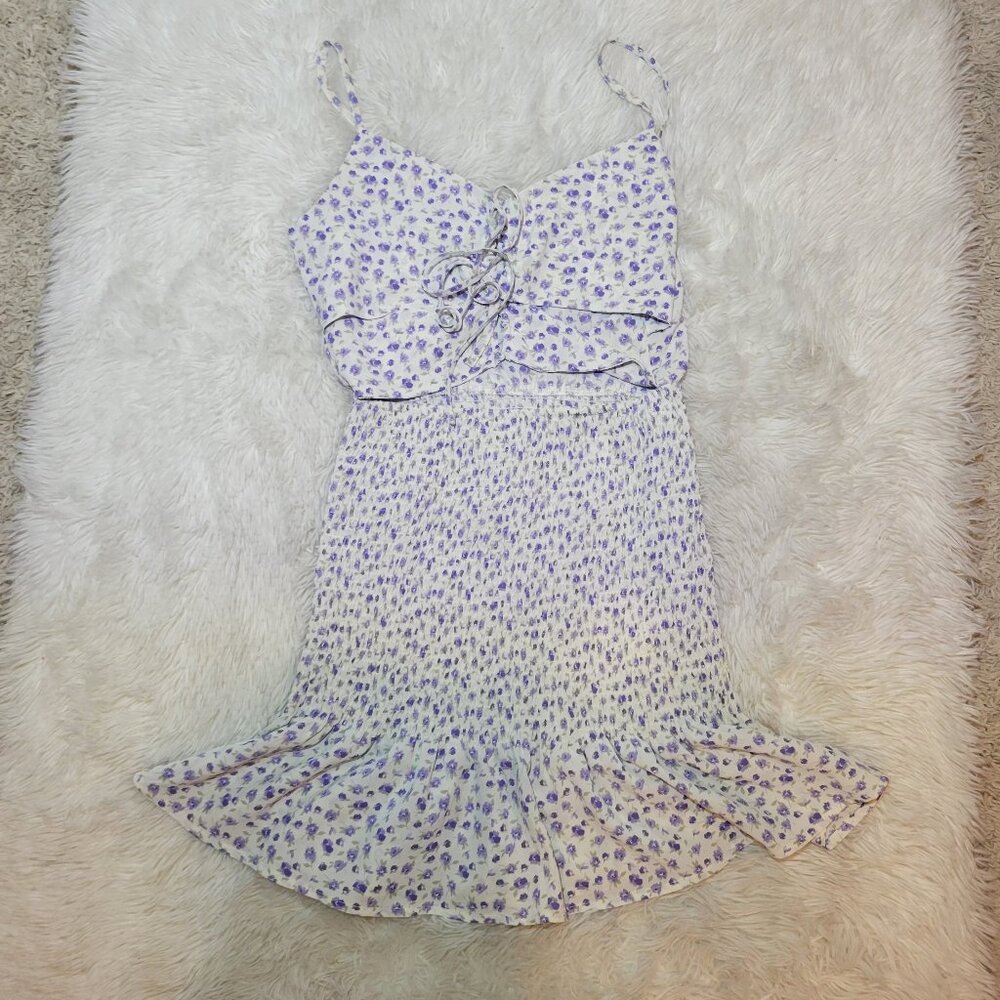 White & Purple Floral print Summer Cutout Ditsy Ruched Bodycon Mini Dress